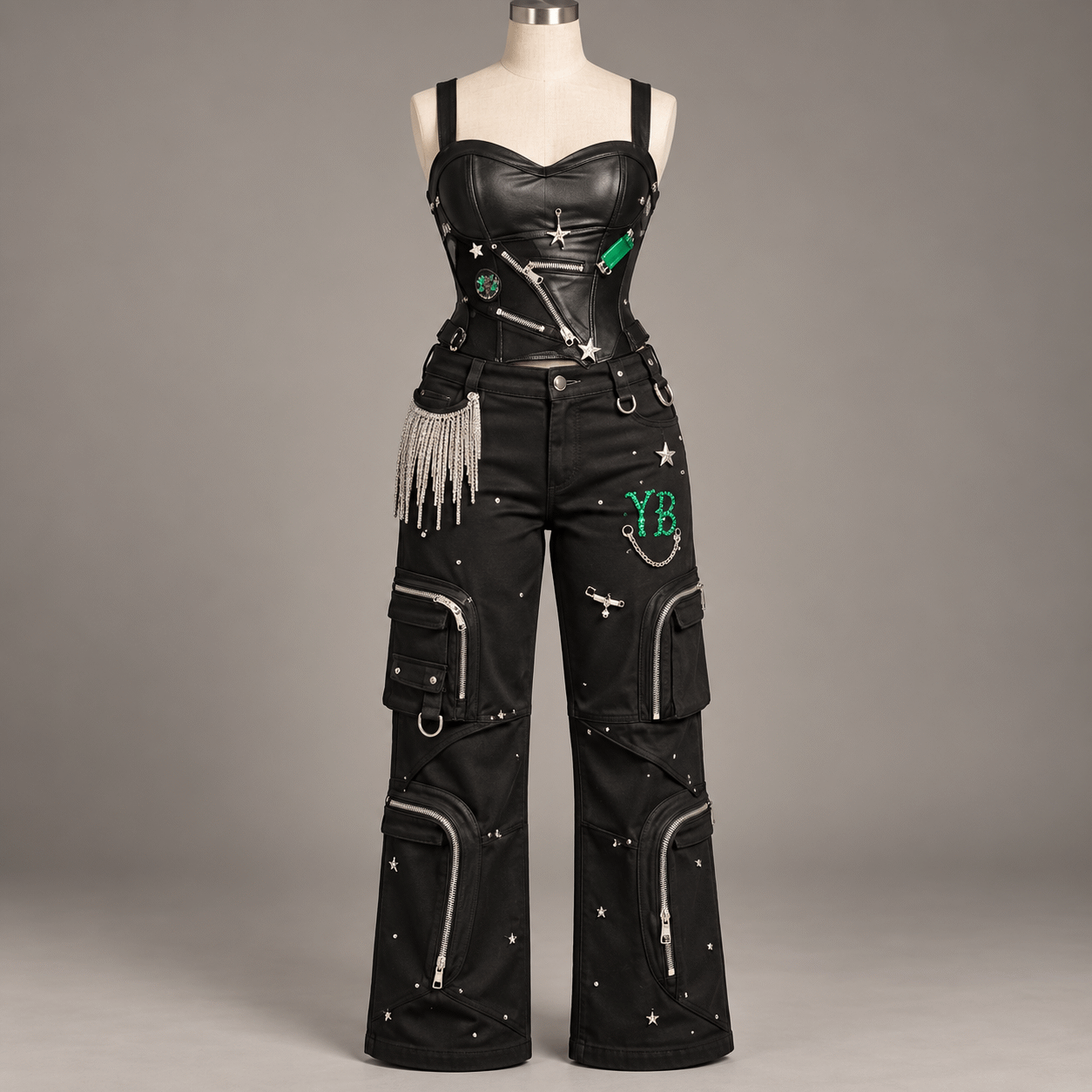 Custom fitted top with silver fringe and detailed black denim