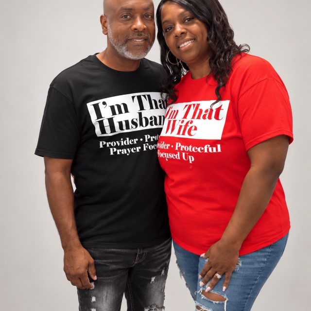 Couple wearing matching custom printed t-shirts