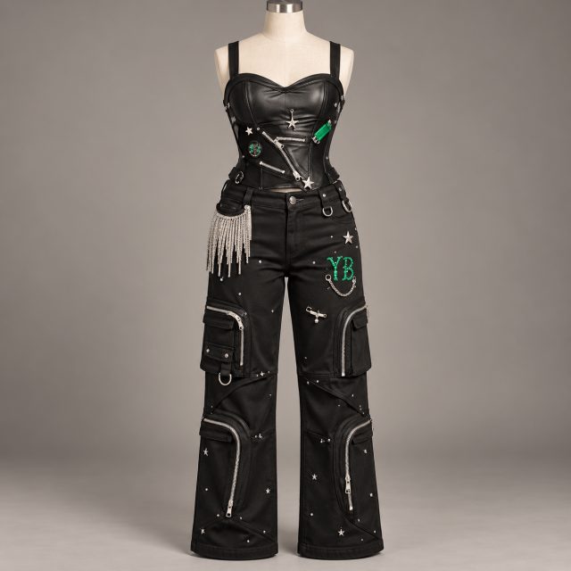 Custom fitted top with silver fringe and detailed black denim